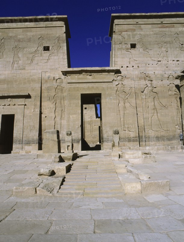 First pylon with an entrance into the temple of Isis which was recently transferred from the island of Philae to the island of Agilkia