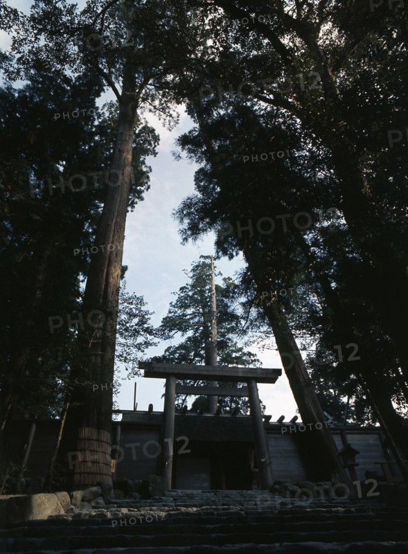 Ceremonial gateway, or Torii, to the outermost of the four courtyards surrounding the Ise shrines
