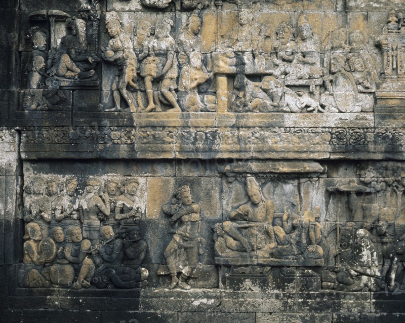 The reliefs on the terraces of Borobudur depict scenes from the life of the Buddha