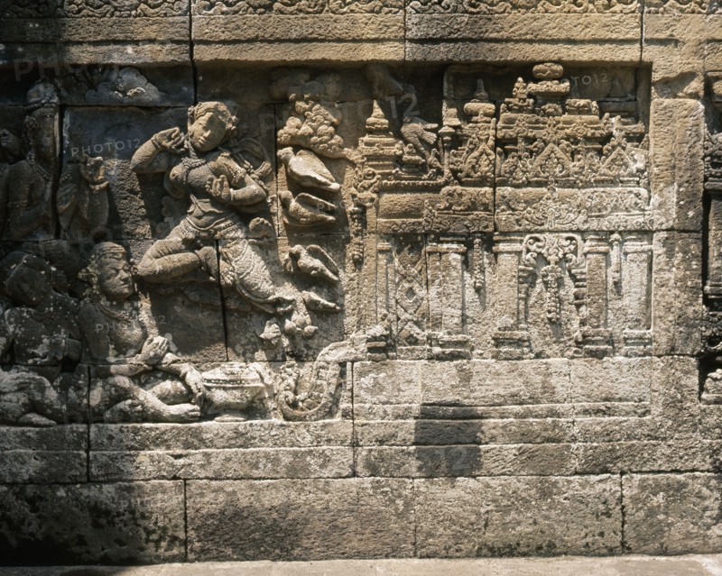 The reliefs on the terraces of Borobudur depict scenes from the life of the Buddha