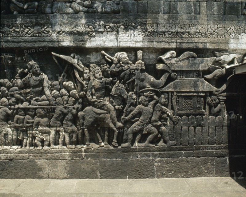 The reliefs on the terraces of Borobudur depict scenes from the life of the Buddha
