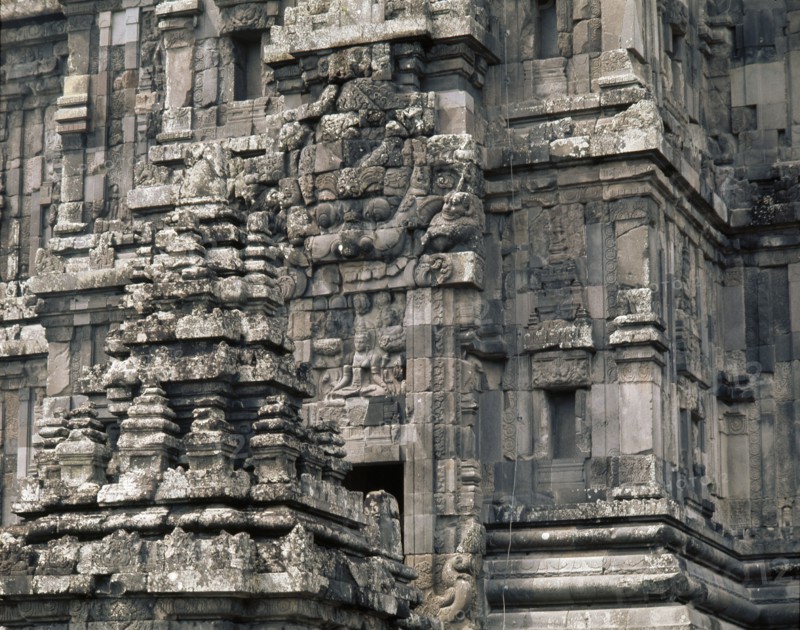 The temple complex at Lara Jonggrang consists of three main sanctuaries dedicated to Shiva, Brahma and Vishnu and three minor ones dedicated to particular forms of Shiva and Shiva's bull mount, Nandi