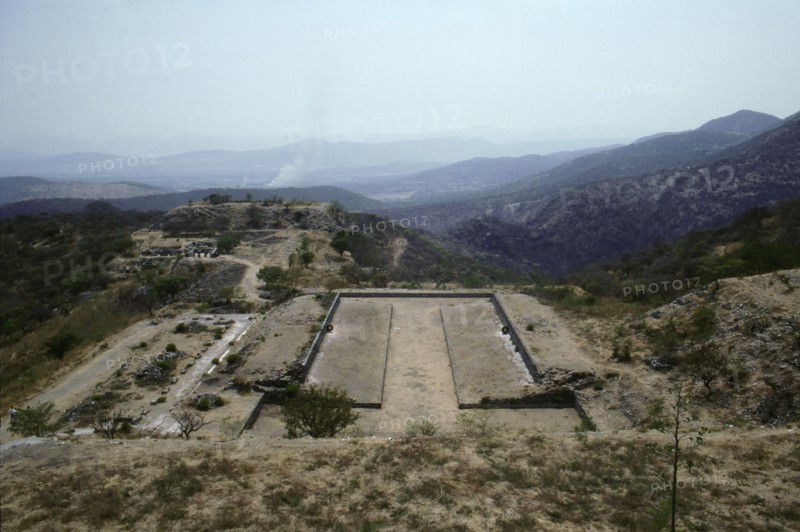 View of the Ball-court at Xochicalco, showing the city's hilltop location
