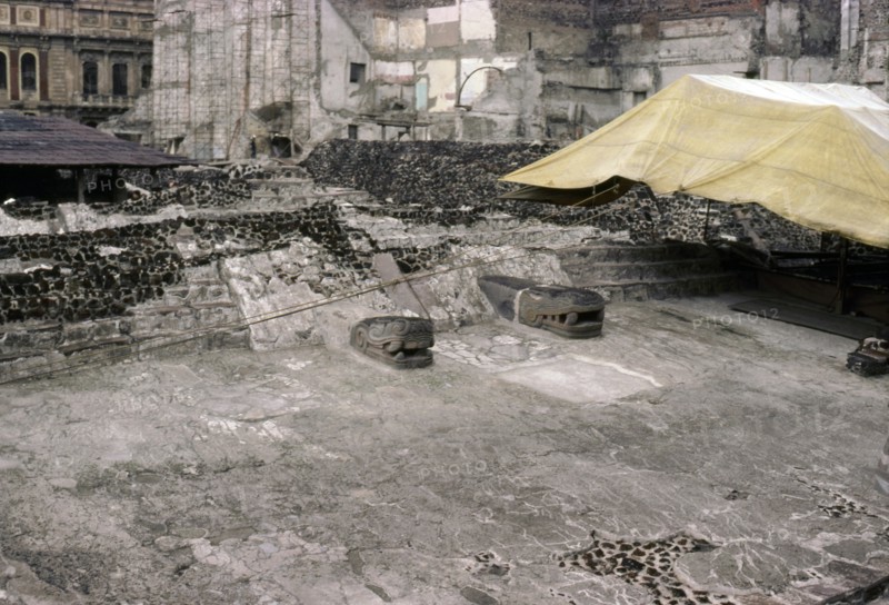 General view of the two 'Feathered Serpent' heads which were the representation of the God Quetzalcoatl, from the inner temple of the Templo Mayor