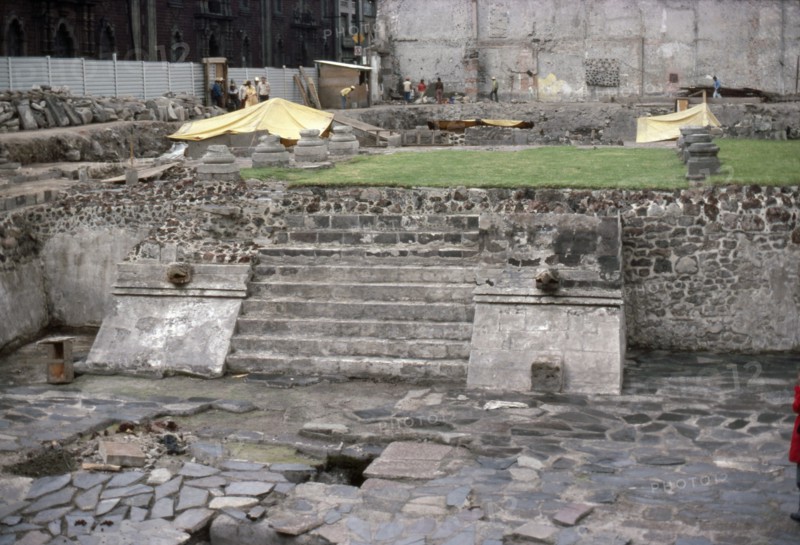 View of the 'Temple of the Eagle Warriors' during the excavations of El Templo Mayor in Mexico City