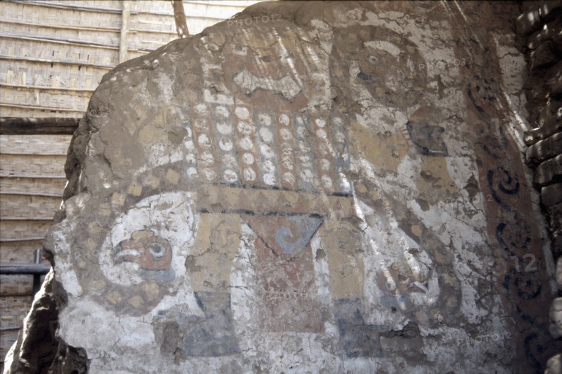 'Huaca de la Luna' outside Trujillo, north coast of Peru, showing newly discovered (1998) polychrome clay freize of the 'Fanged Deity', a decapitator god associated with human sacrifice
