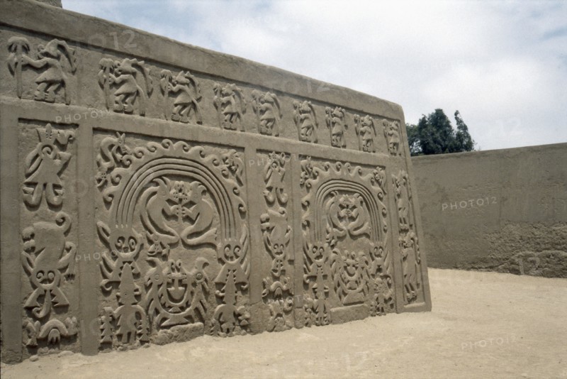 'Huaca del Dragon' outside Trujillo, north coast of Peru, showing detailof ceremonial platform decorated with clay frieze of maritime motifs