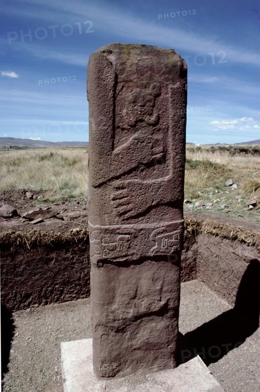 Headless red sandstone stela at Tiahuanaco (Tiwanaku)   Bolivia
