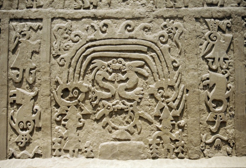 'Huaca del Dragon' outside Trujillo, north coast of Peru, showing detailof ceremonial platform decorated with clay frieze of maritime motifs, including the distinctive 'double-headed dragon wave' motif