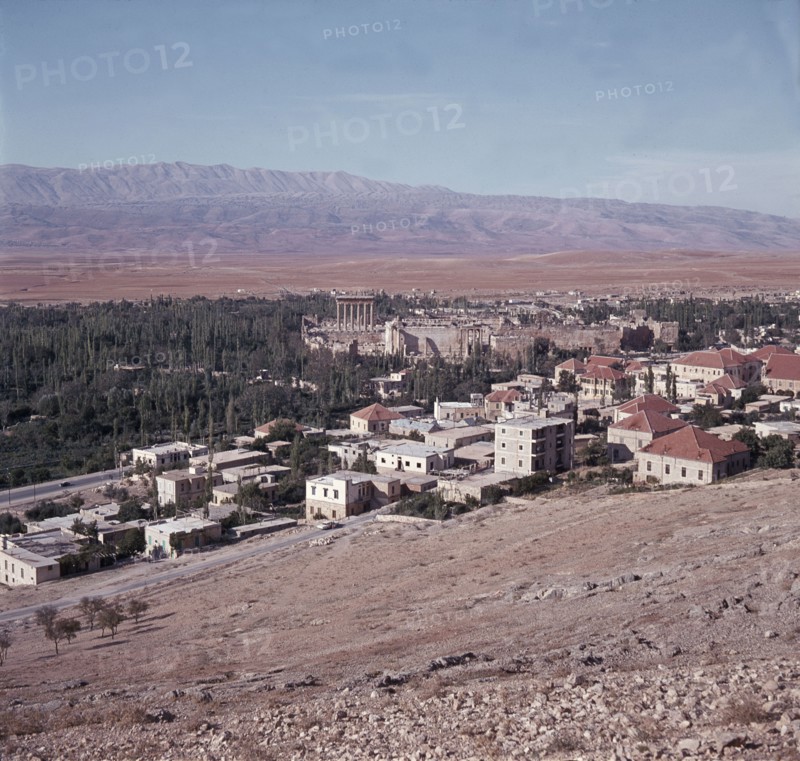 A view towards the temple precinct of Baalbek, the ancient Heliopolis which rose to prominence during the later Hellenistic and Roman period