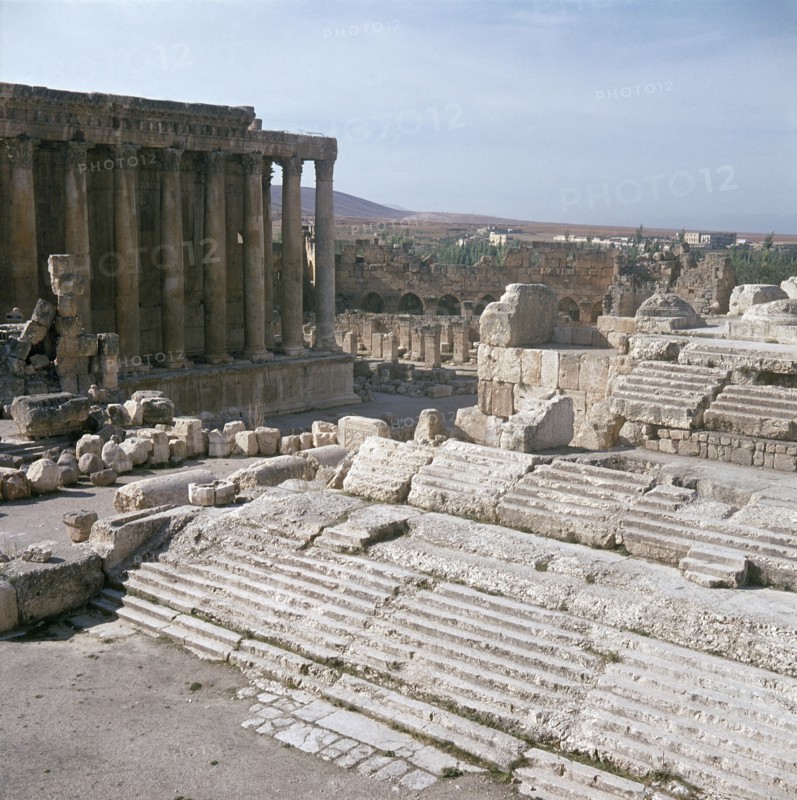 A view towards the temple precinct of Baalbek, the ancient Heliopolis which rose to prominence during the later Hellenistic and Roman period