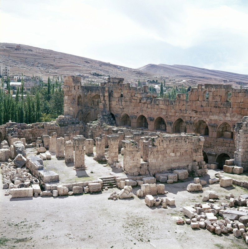A view towards the temple precinct of Baalbek, the ancient Heliopolis which rose to prominence during the later Hellenistic and Roman period