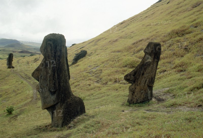 Moai statues, buried up to their necks by soil creep, on the slopes of the volcanic quarry Rano Raraku