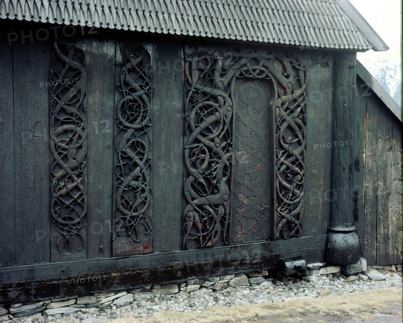 Carving on the  side  of  the  stave church  at  Urnes
