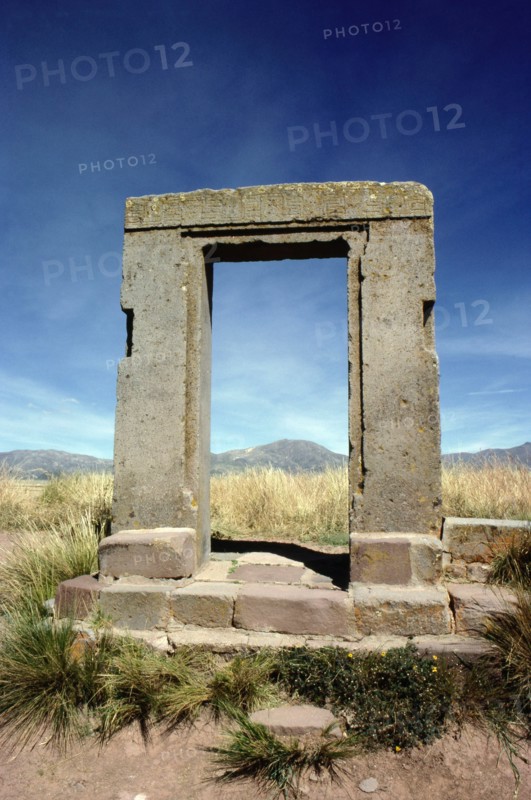 View of the gateway of the Moon in Tiahuanaco, Bolivia