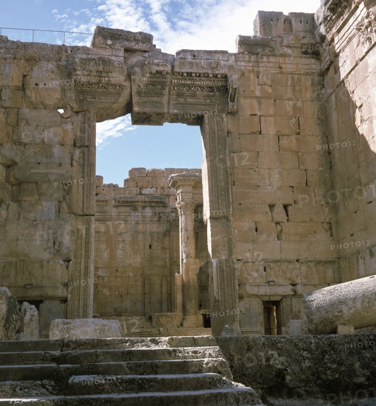 A view towards the temple precinct of Baalbek, the ancient Heliopolis which rose to prominence during the later Hellenistic and Roman period