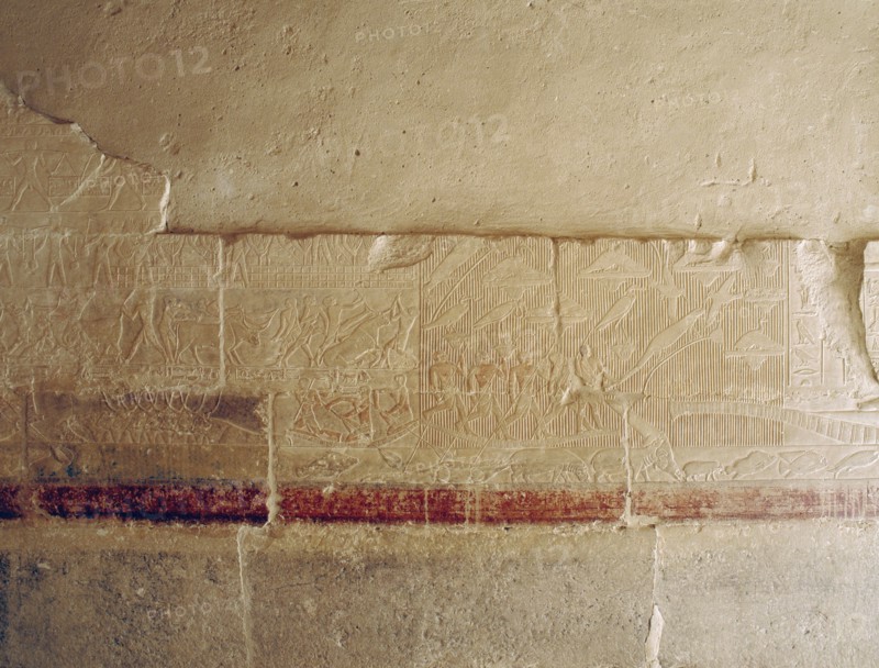 A scene in relief in the tomb of the vizier Mereruka showing a papyrus thicket teeming with animals and birds