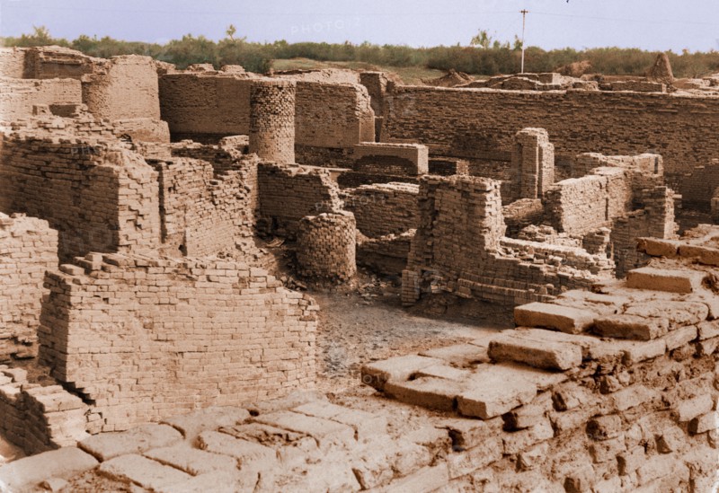 View of the north part of the site of Mohenjo Daro showing the residential district with wells