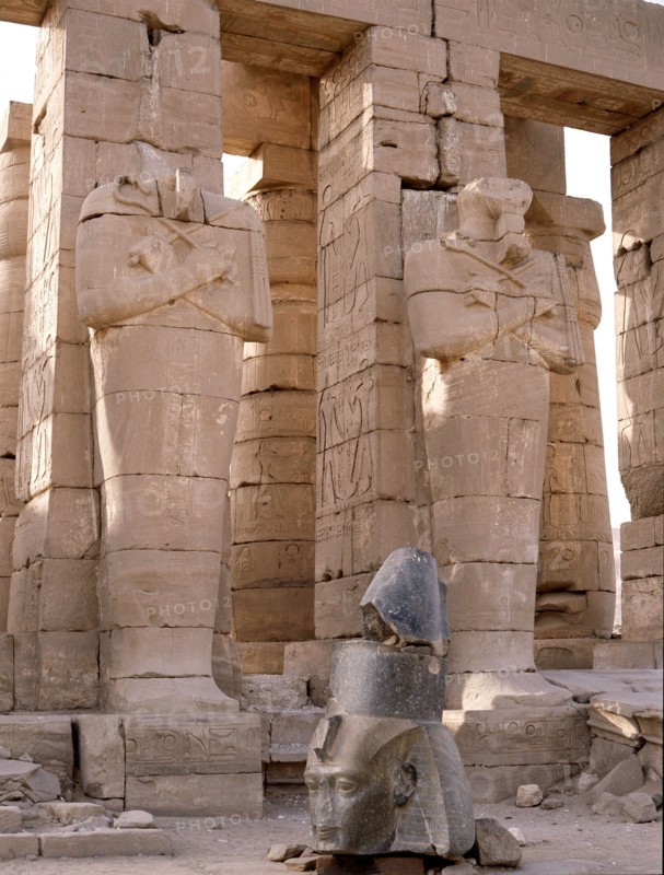 View of the Ramesseum and the Osiride statues, the mortuary temple of Ramesses II