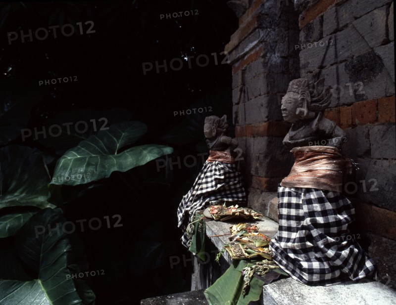 Divine gatekeepers at a small family temple dressed for a festival