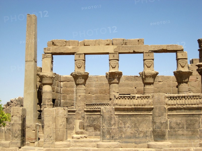 The kiosk of Pharaoh Nectanebo I, showing columns topped by carved images of the cow-goddess Hathor