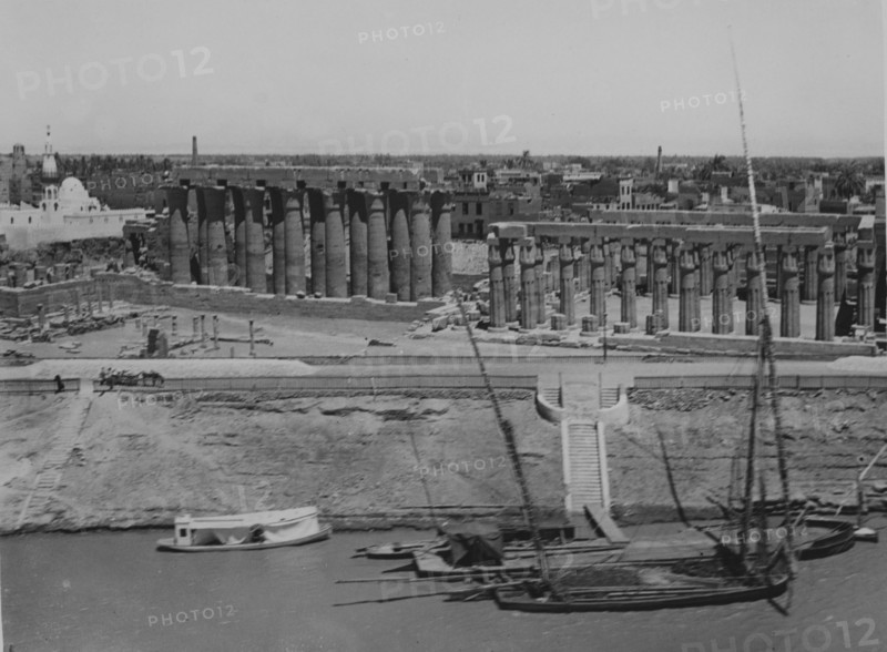 Felouccas on the Nile by the temple of Luxor, photographed in the 1920's