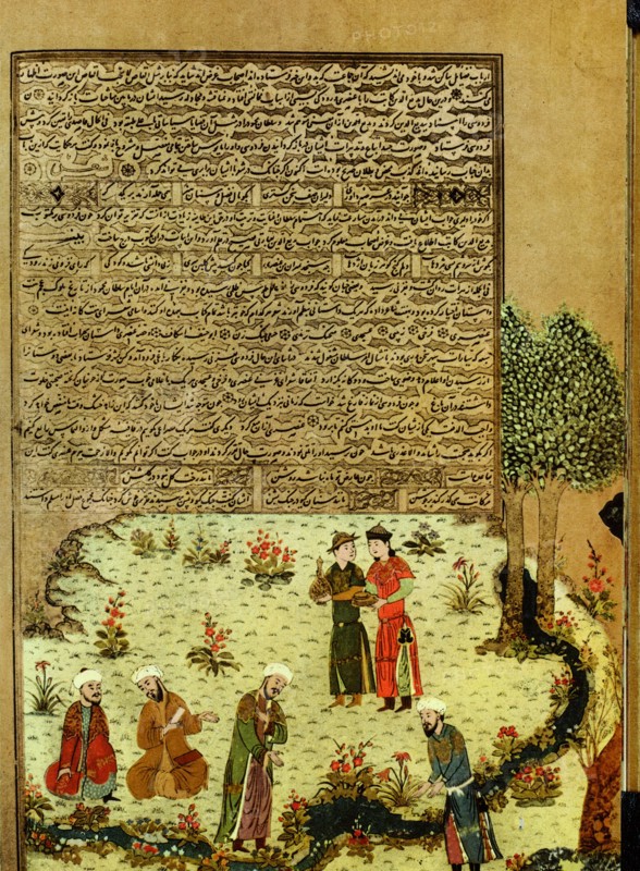The introductory miniature to Ferdausi's 'Book of Kings' (Shah nameh) showing the unknown poet meeting the poets of the court of the sultan Mahmoud de Ghazna whose aquaintance he made because of his talent for improvising poetry