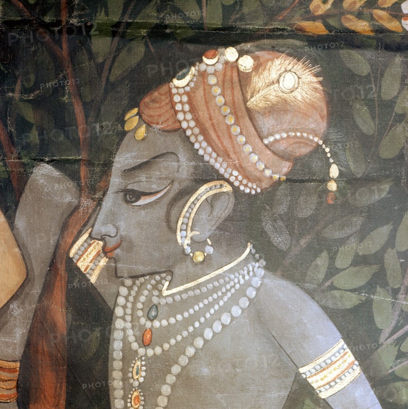 Detail of a palace wall hanging painted with a scene from the legend of Krishna, in which he charms the gopis (wives and daughters of the cowherds)
