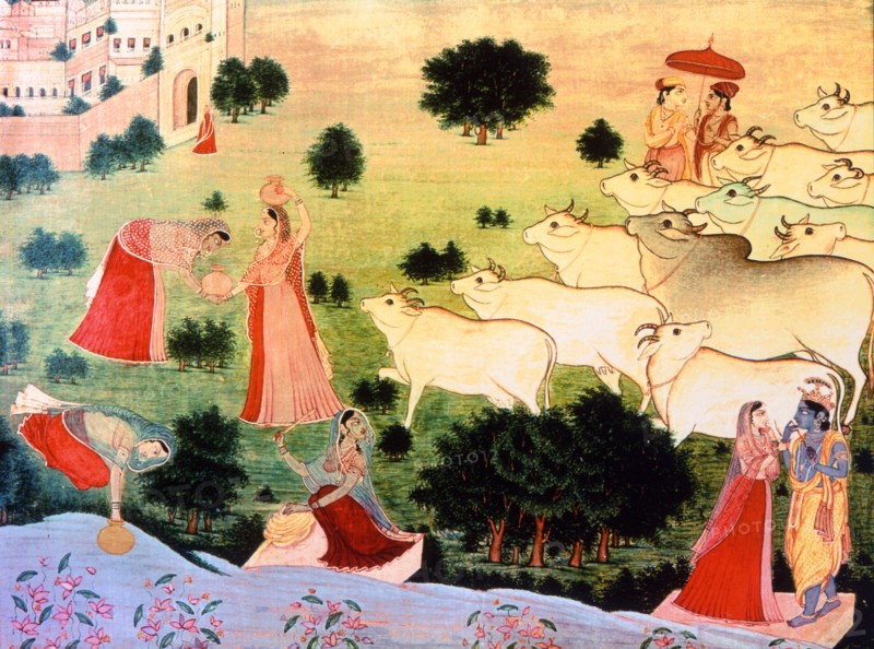 Illustration of the meeting of Krishna and Radha, (Krishna's favourite amongst the gopi girls) on the bank of the sacred river Jamuna or Brahmaputra