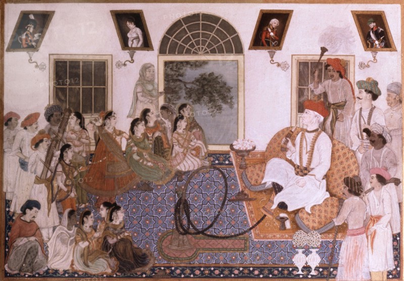 Sir David Ochterlony, Resident at the court of the Great Mogul in Delhi dressed in Indian clothing and smoking a hookah is entertained by a group of dancing girls