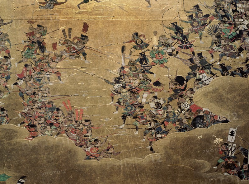 Detail of part of a folding screen which depicts the siege of Osaka Castle and was commissioned by general Kuroda Nagamasa who took part in the siege