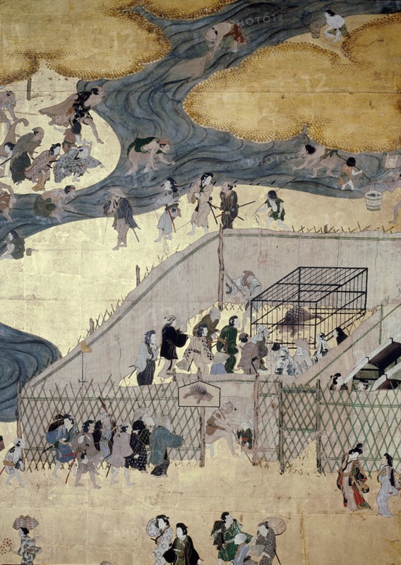 A screen depicting the popular festivities that took place at Shijo gawa, Kyoto