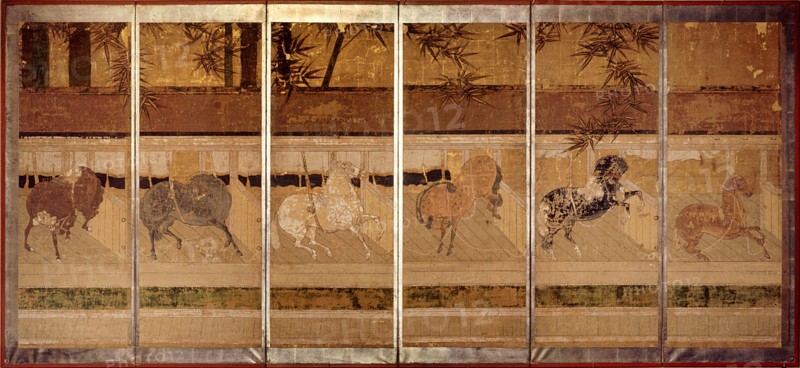 Folding screen depicting a stable scene