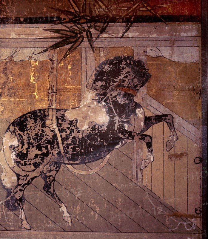 Folding screen depicting a stable scene (detail)