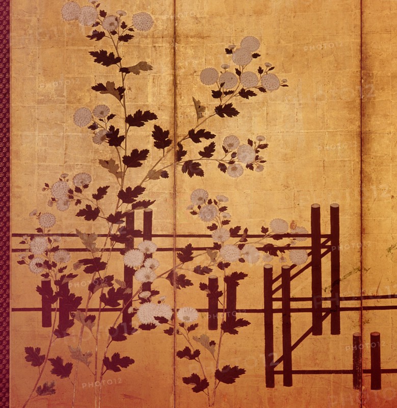 Detail of a four fold screen showing a design of chrysanthemums and a fence