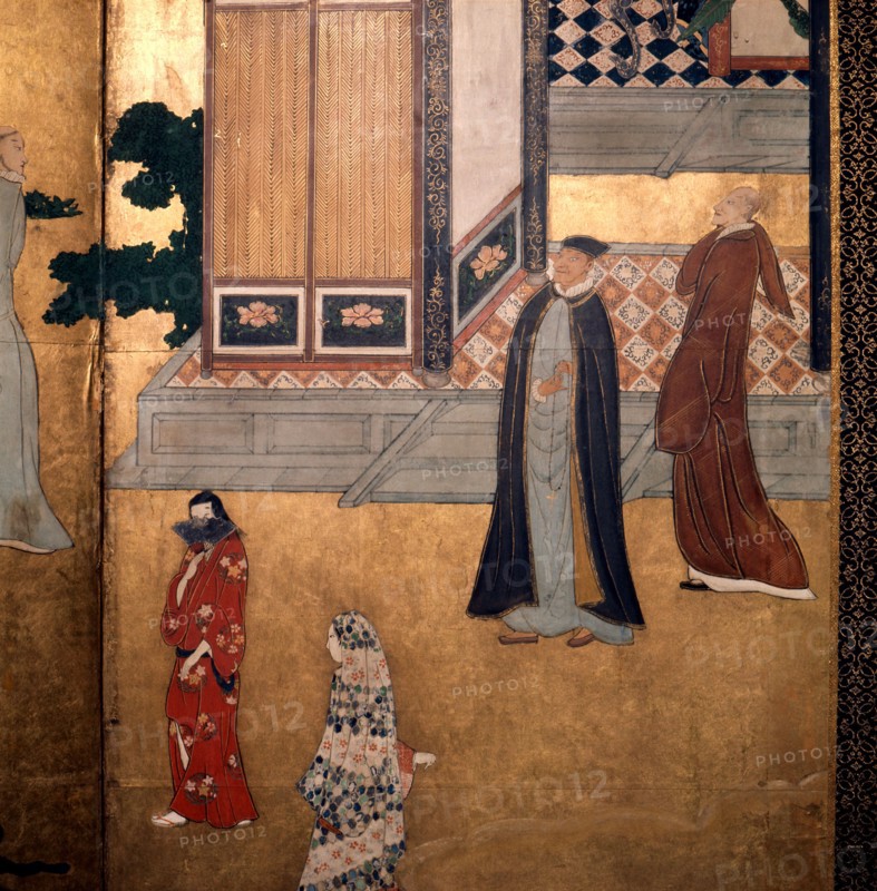 Detail of a screen depicting Jesuit priests and Portuguese merchants