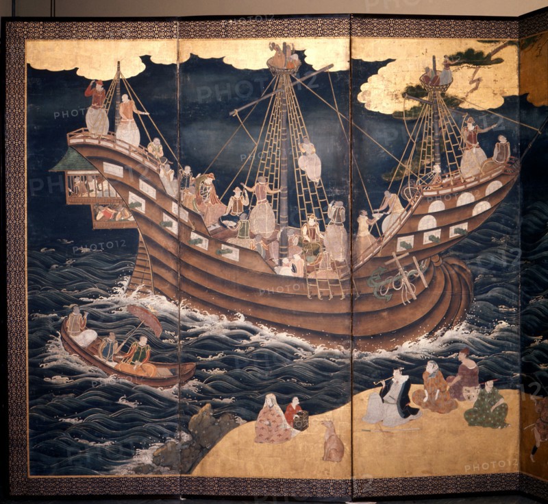 Detail of a screen depicting Portuguese carracks at Nagasaki