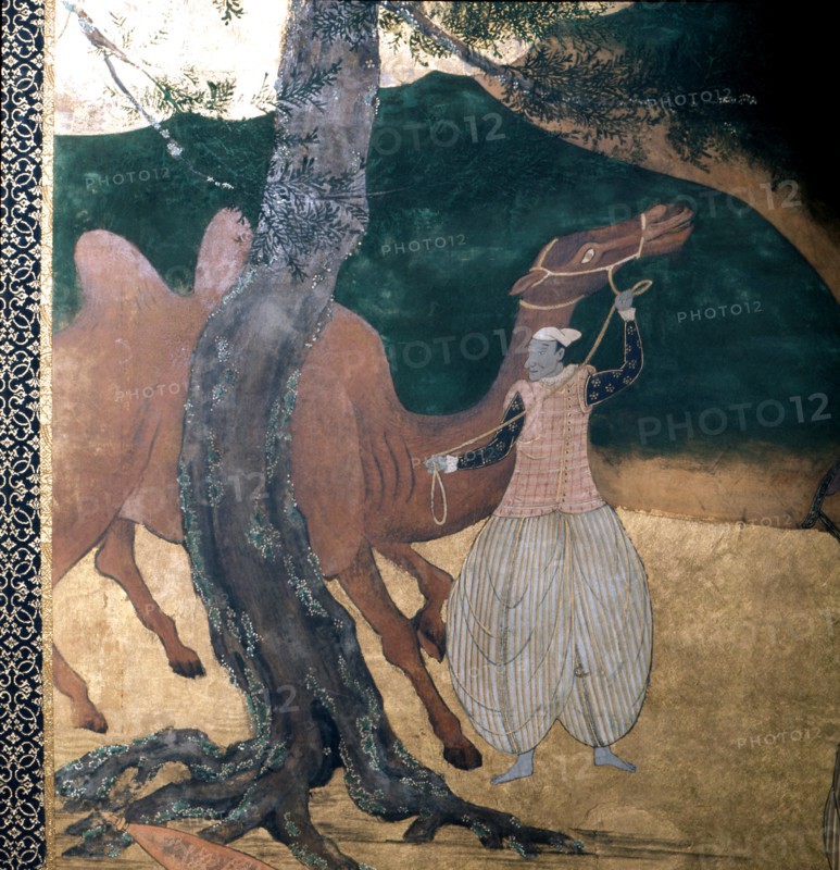 A detail of a screen depicting Portuguese merchants in Japan