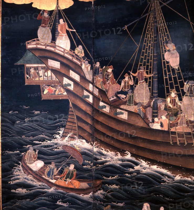 Detail of a screen depicting Portuguese carracks at Nagasaki
