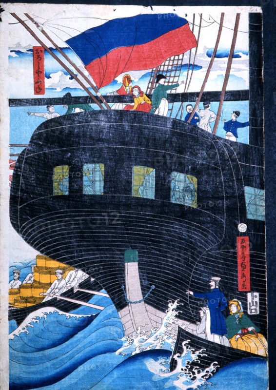 Print by Sadahide from a seriespublished in 1860, showing foreign vessels off Yokohama