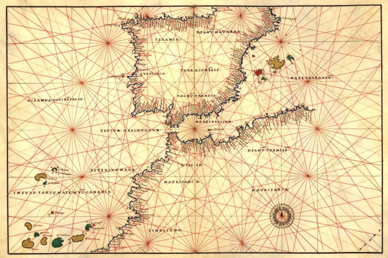 Portolan or Navigational Map of the Spain, Gibraltar & North Africa 1544