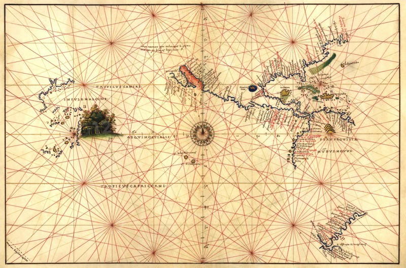 Portolan Map of the Western Hemisphere showing what will become the United States, Panama & a portion of South America 1544