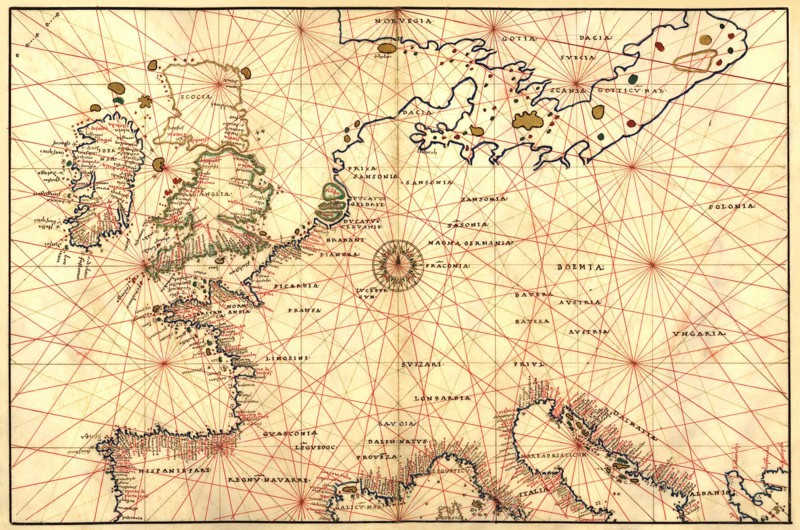 Portolan Map of Spain, England, France, Germany, The British Isles 1544