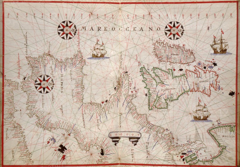 Portolan Map of Spain, England, Ireland & France 1590