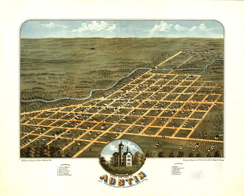 Bird's eye view of Austin, Mower County, Minnesota 1870. 1870