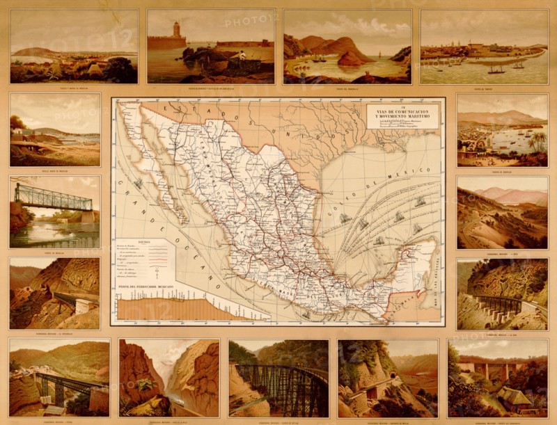 Roads, Harbors, waterways, bridges, highways and coastlines of Mexico 1885