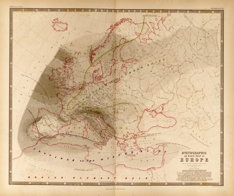 Hyetograph or Rainfall totals for Europe 1848