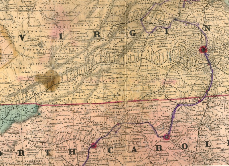 Mosby's route through Virginia and North Carolina
