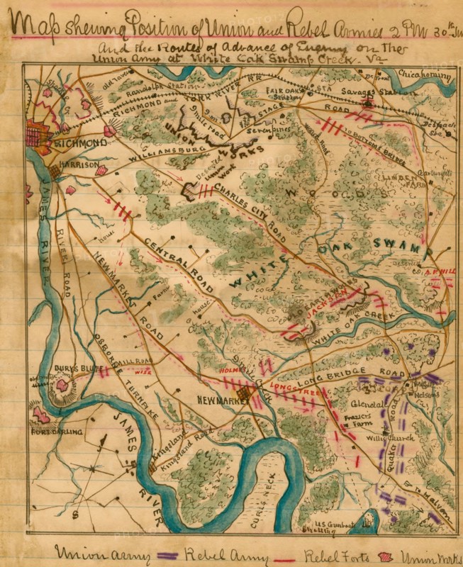Routes of advance of enemy on the Union Army at White Oak Swamp Creek Va. 1862