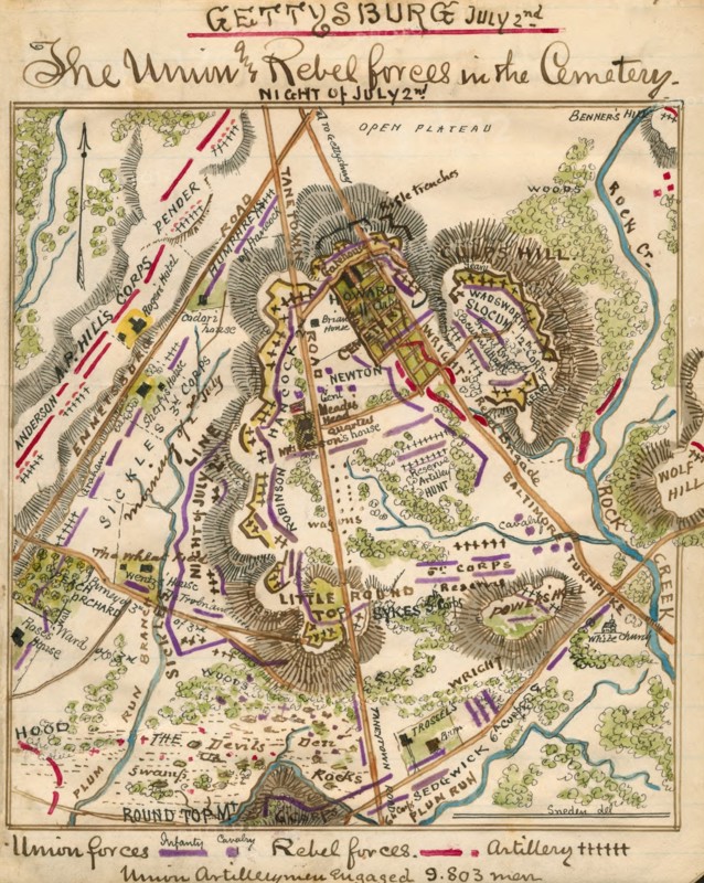 Gettysburg July 2nd. The Union and Rebel forces in the cemetery. 1863